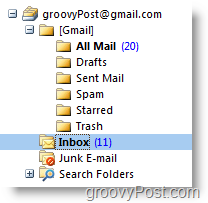Nowa lista kont iMAP GMAIL na pasku narzędzi nawigacyjnych programu Outlook