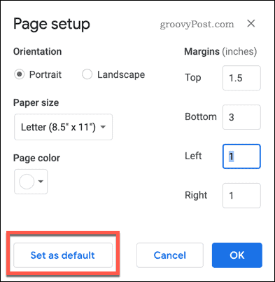 Ustawienia strony ustawione jako domyślny przycisk w Dokumentach Google