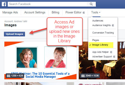 dostęp do biblioteki obrazów menedżera reklam na Facebooku