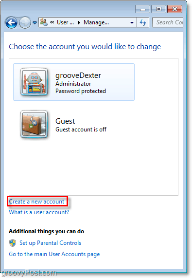 na stronie przeglądu kont Windows 7 użyj łącza, aby utworzyć nowe konto