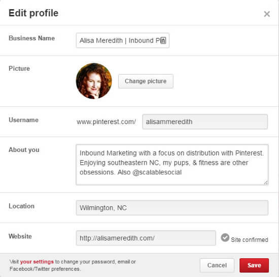 Edytuj profil pinterest