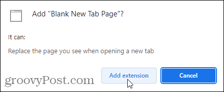 Kliknij Dodaj rozszerzenie, aby dodać rozszerzenie pustej strony nowej karty do przeglądarki Chrome