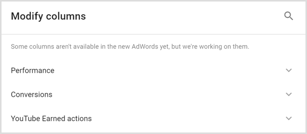 Ekran modyfikacji kolumn Google AdWords Analytics