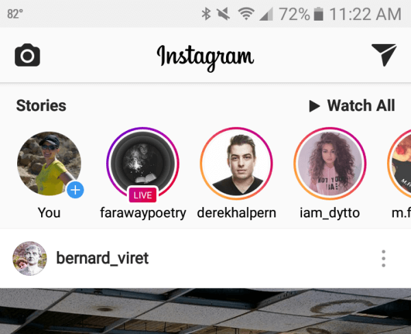 Historie na Instagramie pojawiają się u góry nowego kanału.