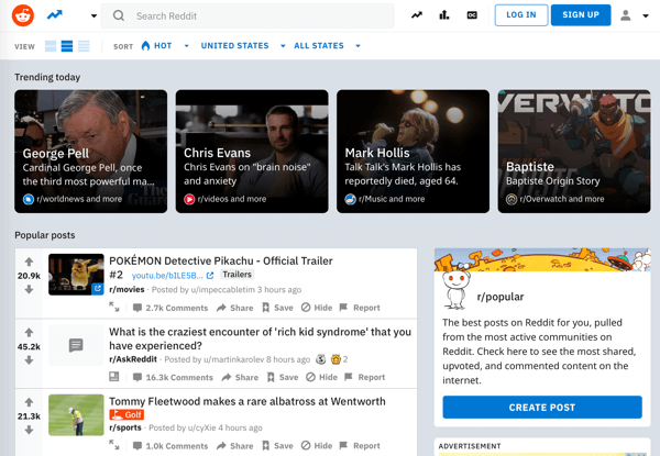 Jak promować swoją firmę na Reddit, przykład strony głównej Reddit i popularnych kanałów treści