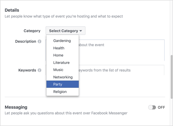 Wybierz kategorię, która najlepiej opisuje Twoje wirtualne wydarzenie na Facebooku.
