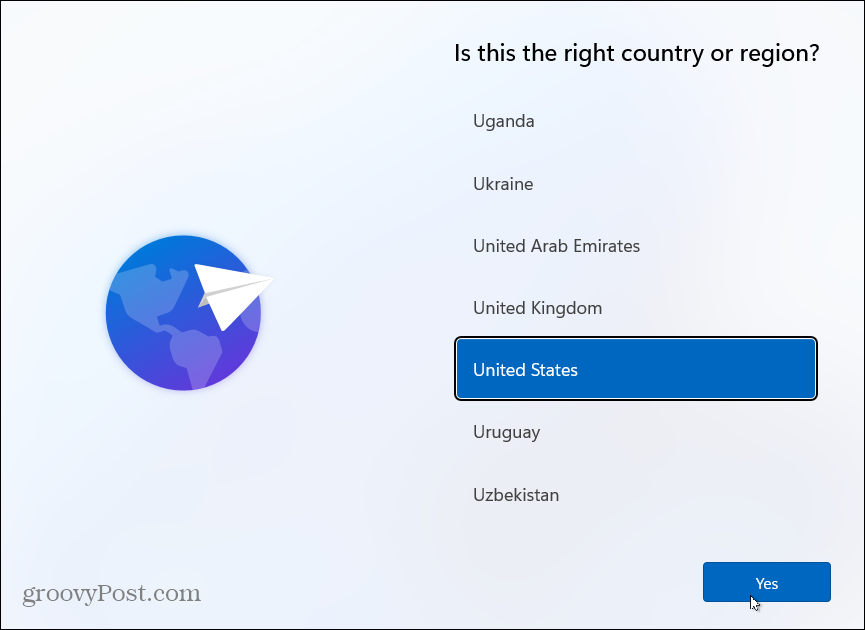 Wybierz kraj Zainstaluj Windows 11