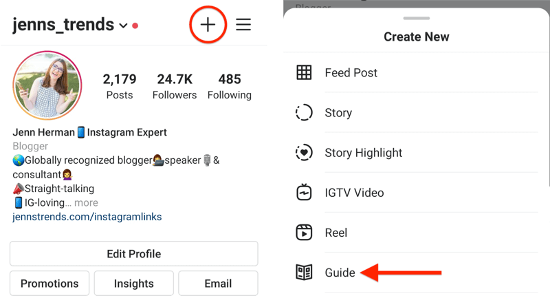 przykładowy profil na Instagramie z podświetloną ikoną + i wyświetlonym wyskakującym menu tworzenia nowego z podświetloną opcją przewodnika