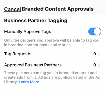 Ustawienia zatwierdzania treści marki Instagram dla profilu biznesowego