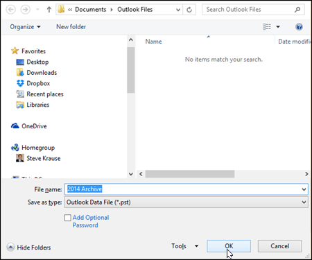 Outlook 2016 - Wybierz nazwę i lokalizację pliku PST