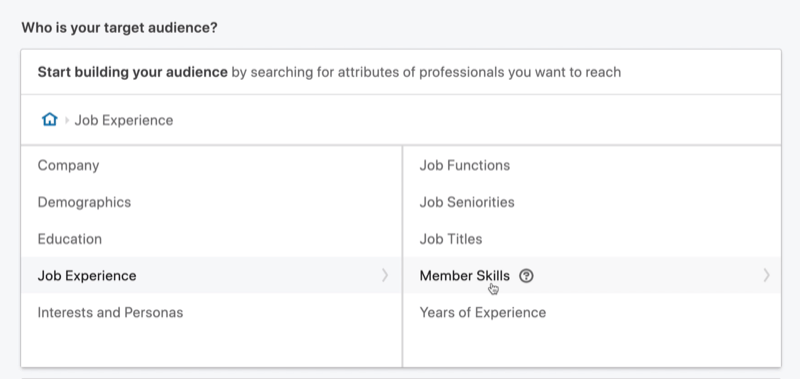 wybierz Umiejętności członka do kierowania reklam w wiadomościach LinkedIn