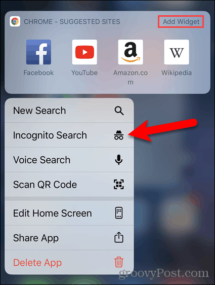 Naciśnij i przytrzymaj ikonę Chrome i wybierz Wyszukiwanie incognito
