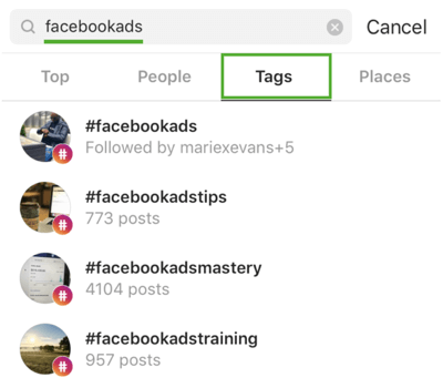 Jak strategicznie zwiększyć liczbę obserwujących na Instagramie, krok 9, znajdź odpowiednie hashtagi, na przykład wyszukaj „facebookads”