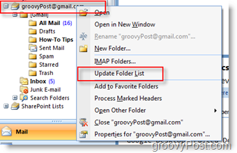 Zaktualizuj listę folderów GMAIL iMAP w pasku narzędzi nawigacyjnych programu Outlook 2007