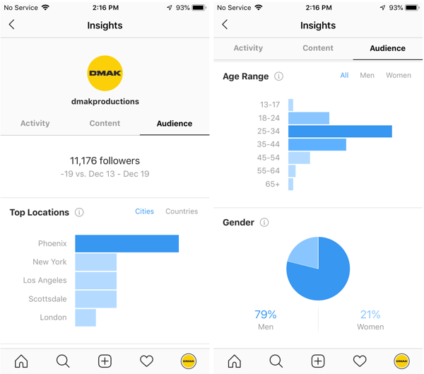 Przykłady spostrzeżeń na Instagramie dla konta DMAK Productions na karcie Odbiorcy.