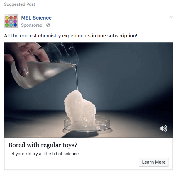 Ta reklama MEL Science na Facebooku wykorzystuje klipy z wideo YouTube.