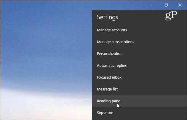Ustawienia okienka odczytu Poczta systemu Windows 10
