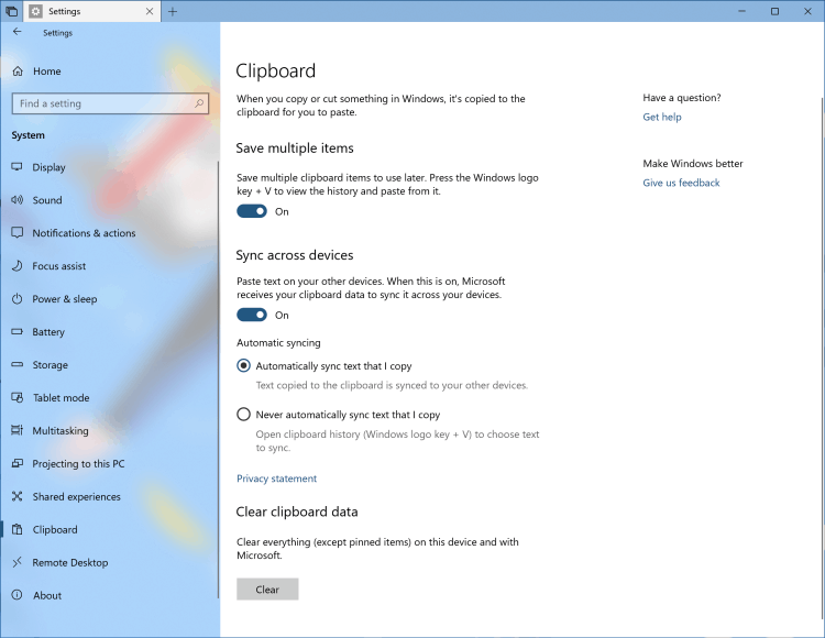 Schowek w chmurze RS5 systemu Windows 10