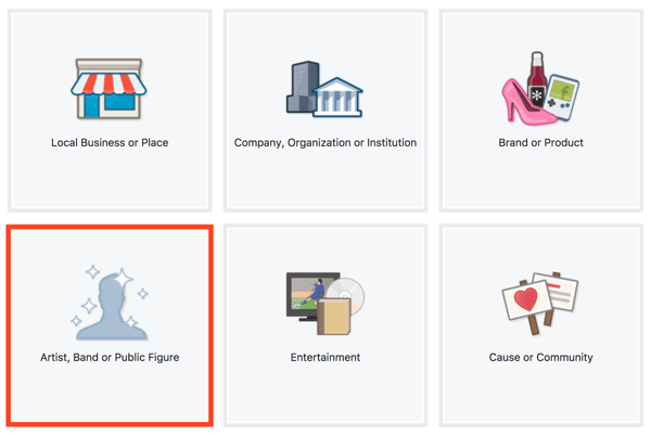 Jako typ strony Facebook wybierz Artysta, Zespół lub Figura publiczna.