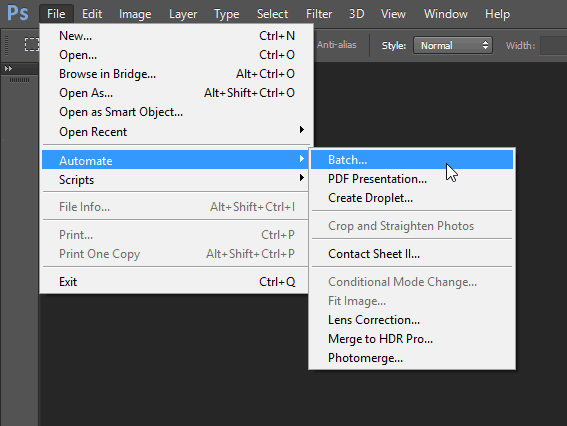 plik automatyzacja partii Panel menu funkcji edycji partii w Photoshopie