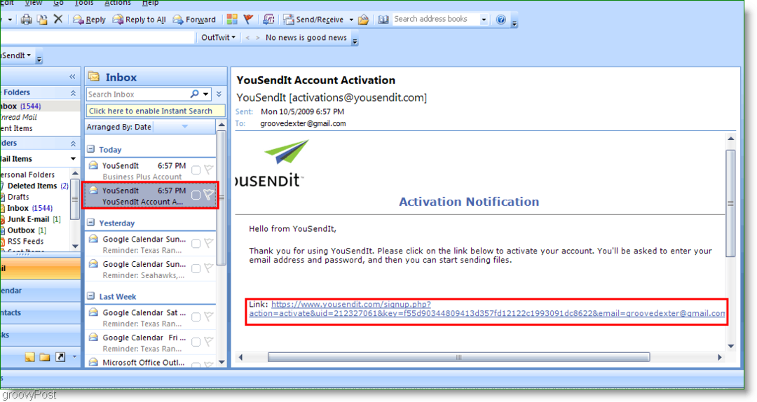 Link aktywacyjny YouSendIt w Outlooku