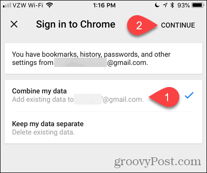 Połącz moje dane w Chrome na iOS
