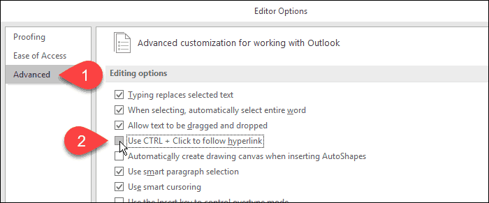 Odznacz Użyj CTRL + kliknij, aby śledzić pole hiperłącza w Outlooku