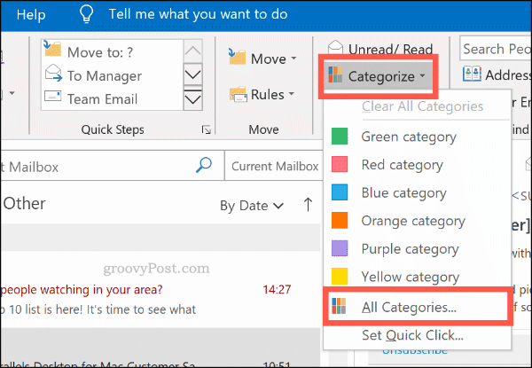 Menu kategoryzacji dla kategorii kolorów w Outlooku