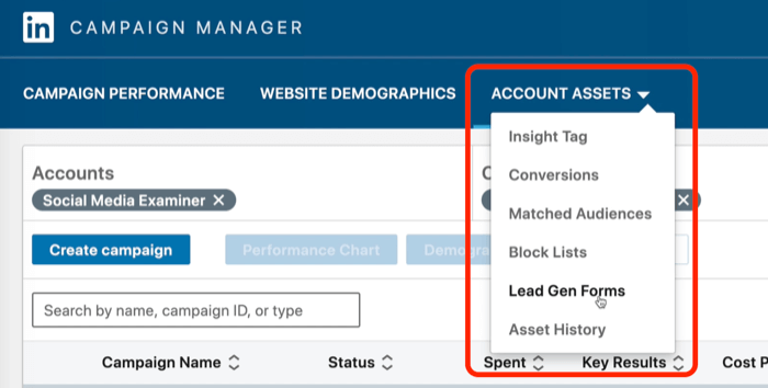 zrzut ekranu formularzy Lead Gen wybranych w LinkedIn Campaign Manager