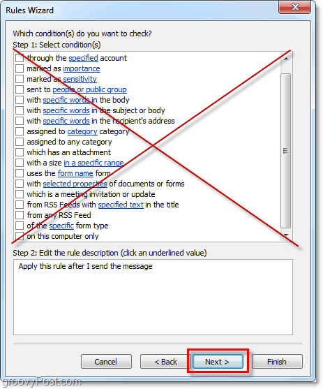 nie wybieraj żadnych warunków dla wysłanych wiadomości e-mail programu Outlook 2010