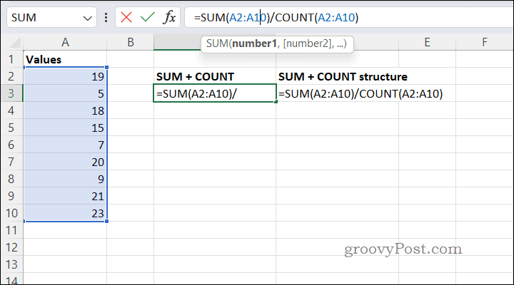 Obliczanie średnich za pomocą SUMCOUNT w programie Excel