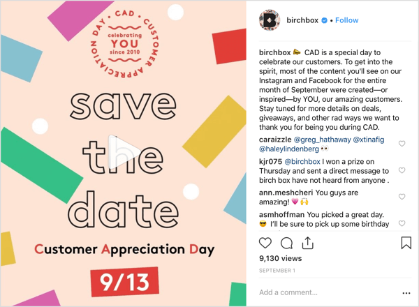 Konto Birchbox na Instagramie traktowało obserwujących o okazjach, prezentach i niespodziankach z okazji Dnia Doceniania Klienta.