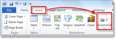 przycisk zrzutu ekranu znajduje się pod wstążką wstawiania w pakiecie Office 2010