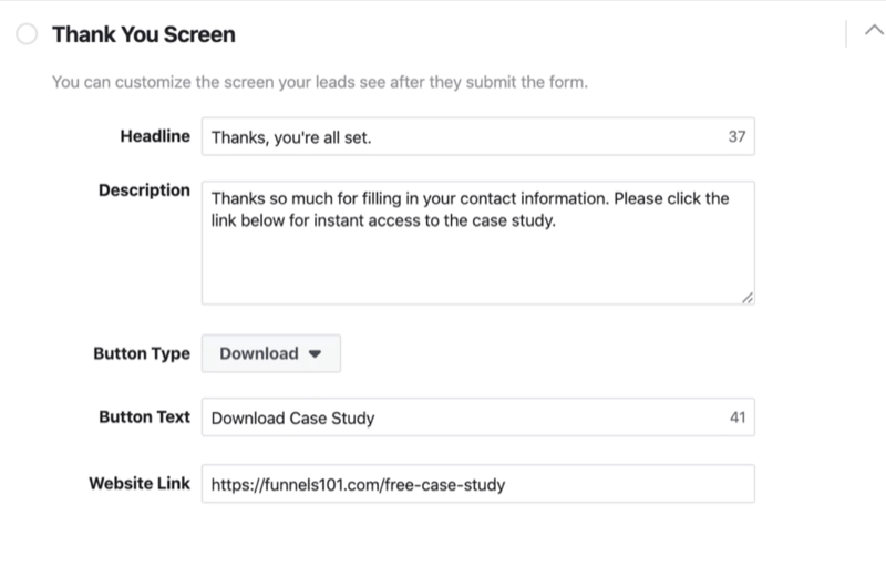 Sekcja ekranu z podziękowaniem w procesie konfiguracji formularza kontaktowego na Facebooku