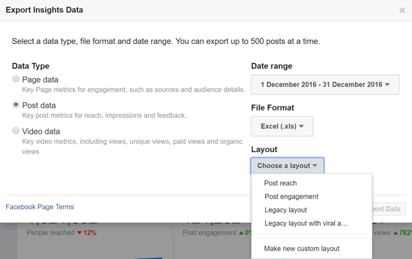 Wybierz układ podczas eksportowania statystyk danych postów na Facebooku.