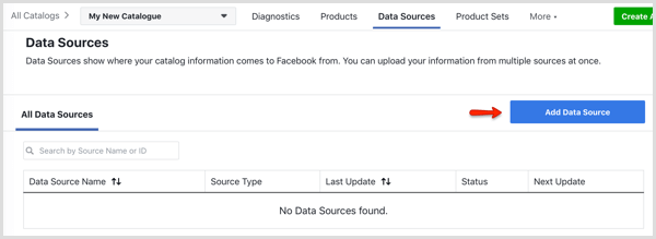 Przycisk Dodaj źródło danych na karcie Źródła danych w Menedżerze katalogu na Facebooku