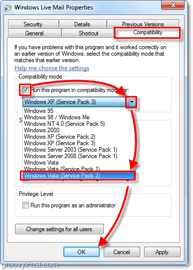 tryb zgodności Windows Live Mail Vista