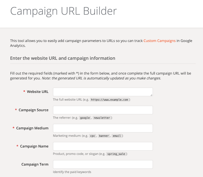 Pola formularza Kreatora adresów URL kampanii Google Analytics
