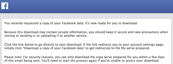 Facebook wyśle ​​Ci wiadomość e-mail, gdy archiwum będzie gotowe do pobrania.