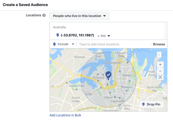 Jak promować swoje wydarzenie na żywo na Facebooku, krok 5, opcja tworzenia zapisanej publiczności na podstawie lokalizacji wydarzenia