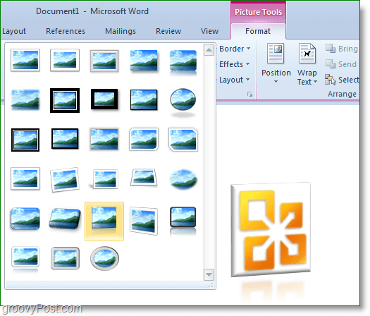 wstążka formatu narzędzi graficznych w programie Word 2010 ma wiele świetnych gotowych efektów fotograficznych