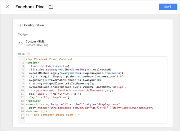 W Menedżerze tagów Google kliknij opcję Niestandardowy HTML i wklej kod śledzenia skopiowany z Facebooka do pola HTML.