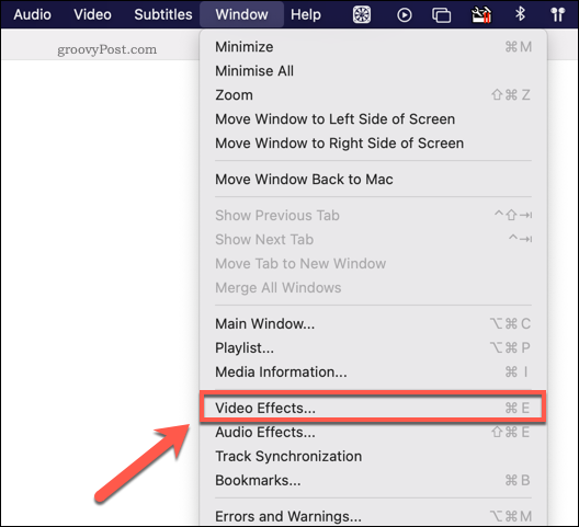 Dostęp do menu efektów wideo VLC na komputerze Mac
