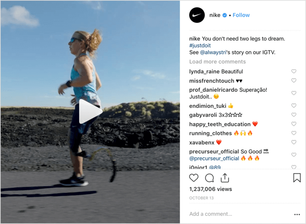 Post Nike na Instagramie promujący IGTV