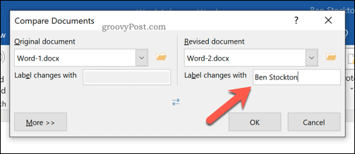 Ustawianie etykiety poprawionych zmian w narzędziu do porównywania dokumentów programu Word