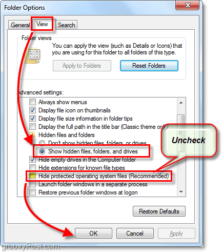 zezwól systemowi Windows 7 na wyświetlanie plików ukrytych i systemowych