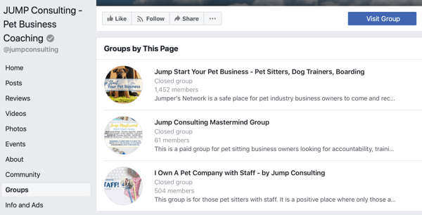 Jak korzystać z funkcji Grup dyskusyjnych na Facebooku, przykład grup na stronie na Facebooku, JUMP Consulting