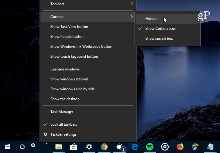 ukryj pole wyszukiwania Cortana