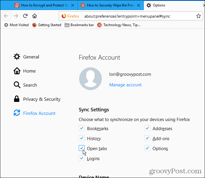 Zaznacz Otwórz zakładki w Ustawieniach synchronizacji w Firefox dla Windows