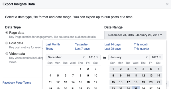 Możesz zmienić zakres dat dla pobieranych danych Facebook Insights.